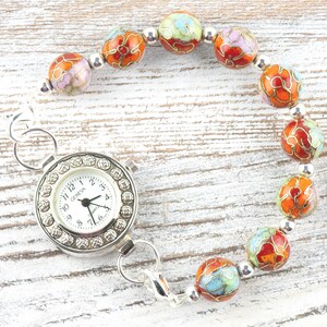 Cloisonné Runt Orange Mix Utbytbart Klockarmband med Stretchpärlor • Armband för Medicinsk ID • Enkelt sträng • Handgjorda smycken bild 5