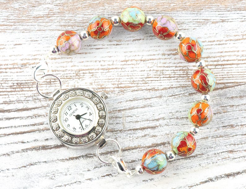 Cloisonné Runt Orange Mix Utbytbart Klockarmband med Stretchpärlor • Armband för Medicinsk ID • Enkelt sträng • Handgjorda smycken bild 5