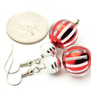Striped Ornament, Red and Silver, Christmas Ornament, Glass Globe, Surgical Steel, Holiday Earrings, Christmas Earrings image 6