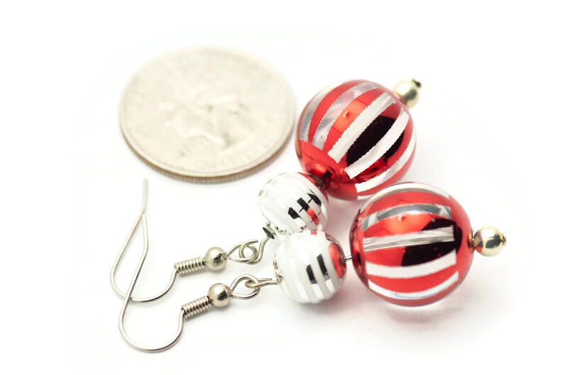 Striped Ornament, Red and Silver, Christmas Ornament, Glass Globe, Surgical Steel, Holiday Earrings, Christmas Earrings image 6