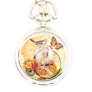 Bicycle Print Porcelain, Silvertone Pocket Watch Necklace, Chain Necklace Watch, Long Necklace Watch, Watch Locket Necklace