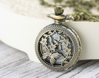Floral Butterfly Bronze Pocket Watch Long Necklace / Unique Watches / Nature Inspired Jewelry