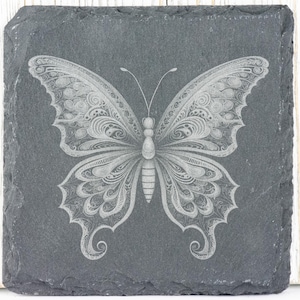 Butterfly #1 Black Slate Coaster • Laser Engraved Square Coasters • Rustic Home Decor • Housewarming Gift • Barware Coaster Set