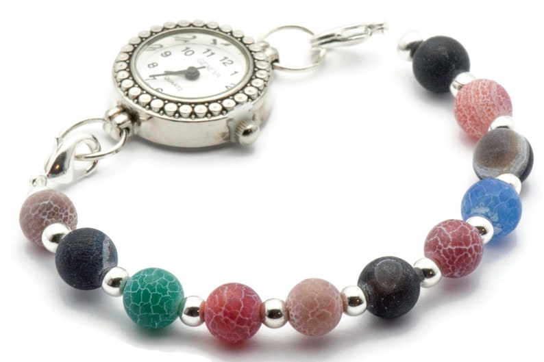 Agat Flerfärgat Pärlarmband Klockarmband • Medicinskt ID-armband • Handgjort Klockarmband • Stretchigt Klockarmband bild 3