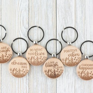 Inspirational Quotes Natural Wood Keychain • Laser-Engraved Stainless Steel Keyring • Double-Sided image 1