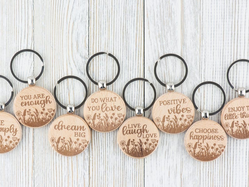 Inspirational Quotes Natural Wood Keychain • Laser-Engraved Stainless Steel Keyring • Double-Sided image 1