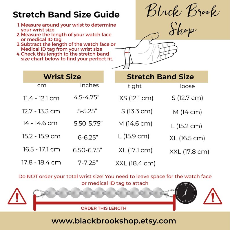 K&ouml;nnte beinhalten: Eine Tabelle, die zeigt, wie man sein Handgelenk f&uuml;r ein Stretchband misst. Die Tabelle enth&auml;lt Ma&szlig;e in Zoll und Zentimetern. Die Tabelle enth&auml;lt auch ein Diagramm, das zeigt, wie man die L&auml;nge eines Zifferblatts oder eines medizinischen ID-Tags misst. Der Text auf der Tabelle lautet "Stretch Band Size Guide" und "Black Brook Shop".