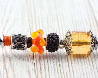 Orange and Black Glass Beaded Silver Letter Opener • Paper Knife • Desk Accessory