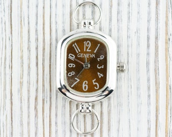 Brown Dial Silvertone Rectangle Watch Face • DIY Beading Watch • Jewelry Making • Analog • Loops and Battery Included