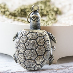 Tortoise Bronze Pocket Watch Long Necklace / Unique Watches / Sea Turtle Jewelry