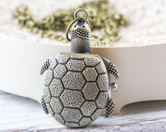 Tortoise Bronze Pocket Watch Long Necklace / Unique Watches / Sea Turtle Jewelry