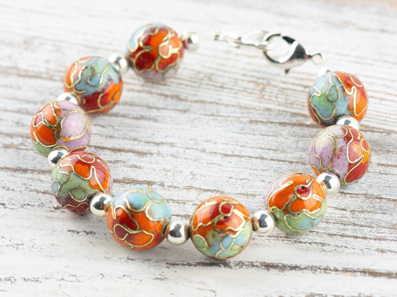 Cloisonné Runt Orange Mix Utbytbart Klockarmband med Stretchpärlor • Armband för Medicinsk ID • Enkelt sträng • Handgjorda smycken bild 4