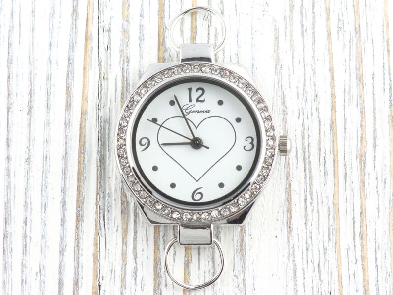 Heart-Outline Rhinestone-Studded Silvertone Round Watch Face • DIY Beading Watch • Jewelry Making • Analog • Loops and Battery Included image 1