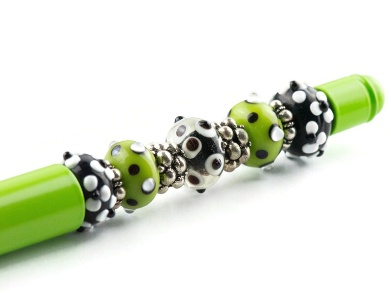 Lime Green Beaded Metal Ballpoint Pen with Lampwork Glass Beads image 6