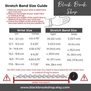 May include: A chart showing how to measure your wrist for a stretch band. The chart includes measurements in inches and centimeters. The chart also includes a table showing the corresponding band size for each wrist measurement. The text on the chart reads "Stretch Band Size Guide" and "Black Brook Shop".