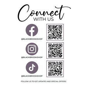 Puede incluir: Un gr&aacute;fico blanco con el texto "Connect with us" y los iconos de redes sociales para Facebook, Instagram y TikTok. Cada icono est&aacute; acompa&ntilde;ado de un c&oacute;digo QR y el texto "@BLACKBROOKSHOP". El gr&aacute;fico tambi&eacute;n incluye el texto "FOLLOW US TO GET UPDATES AND SPECIAL OFFERS!"