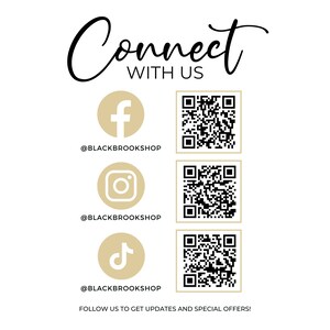 K&ouml;nnte beinhalten: Eine wei&szlig;e Grafik mit dem Text "Connect with us" und Symbolen f&uuml;r Facebook, Instagram und TikTok. Jedes Symbol hat einen entsprechenden QR-Code.