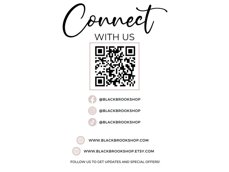 Może przedstawiać: Tekst "Connect with us" z kodem QR, uchwytami medi&oacute;w społecznościowych i adresami stron internetowych dla Blackbrook Shop. Śledź nas, aby otrzymywać aktualizacje i oferty specjalne!