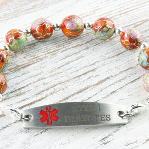 Cloisonné Runt Orange Mix Utbytbart Klockarmband med Stretchpärlor • Armband för Medicinsk ID • Enkelt sträng • Handgjorda smycken bild 6