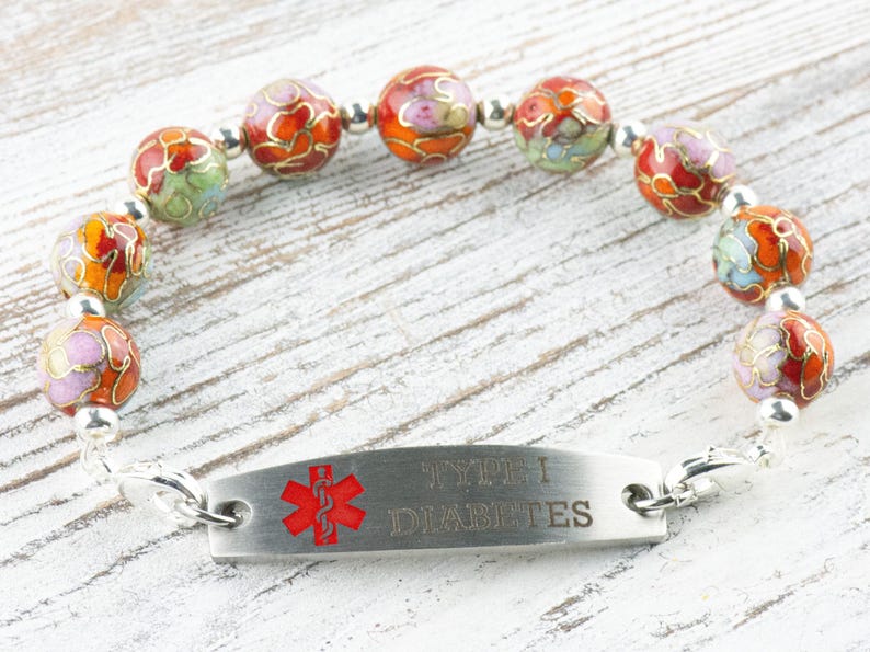 Cloisonné Runt Orange Mix Utbytbart Klockarmband med Stretchpärlor • Armband för Medicinsk ID • Enkelt sträng • Handgjorda smycken bild 6