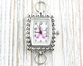 Pink Ribbon Silvertone Bumpy Square Watch Face • White Dial • DIY Beading Watch • Jewelry Making • Analog • Loops and Battery Included