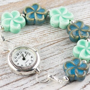 Blue Ceramic Flowers Interchangeable Stretch Beaded Watch Band • Medical ID Bracelet • Single Strand • Handmade Jewelry image 7