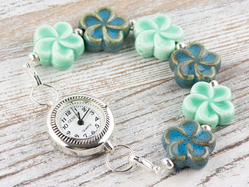 Blue Ceramic Flowers Interchangeable Stretch Beaded Watch Band • Medical ID Bracelet • Single Strand • Handmade Jewelry image 7