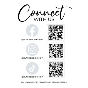 May include: Connect with us on social media.  A white graphic with the text "Connect with us" and three social media icons: Facebook, Instagram, and TikTok. Each icon has a QR code next to it.