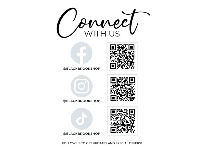 May include: Connect with us on social media.  A white graphic with the text "Connect with us" and three social media icons: Facebook, Instagram, and TikTok. Each icon has a QR code next to it.