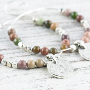 Imperial Jasper Silver Coin Hoop Earrings • Gemstone Jewelry • Boho Dangle Earrings • Jewelry Gift for Her