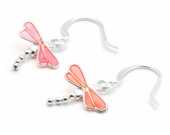 Delicate Dragonfly Earrings, Pink, Dragonfly Earrings, Silver Plated