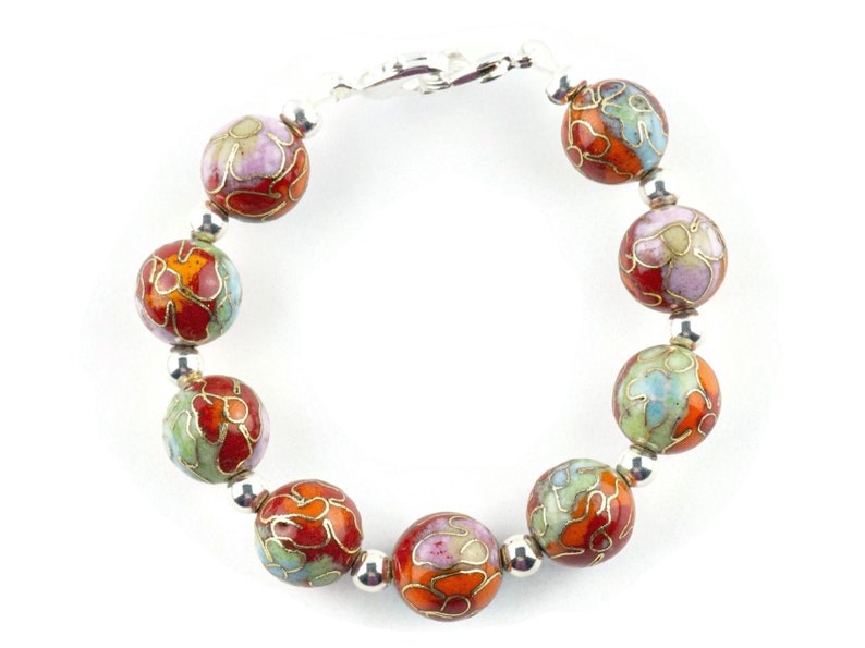 Cloisonné Runt Orange Mix Utbytbart Klockarmband med Stretchpärlor • Armband för Medicinsk ID • Enkelt sträng • Handgjorda smycken bild 7