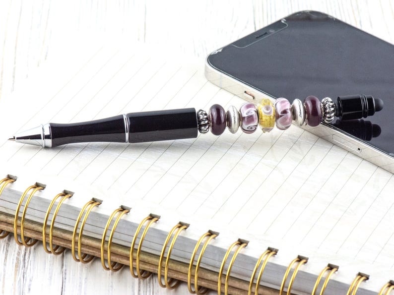 After the Rain Perlen Schwarz Stylus Pen • Lampwork Glasperlen • Metall Kugelschreiber Bild 2