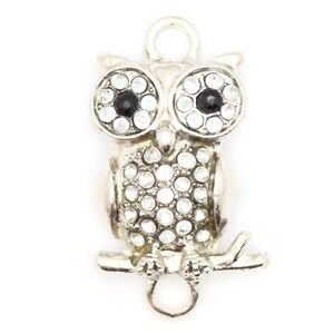 May include: Silver owl charm with clear rhinestone accents and black eyes. The owl is perched on a branch with a loop at the top for hanging.