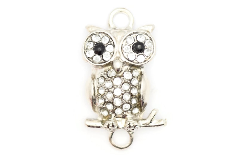 May include: Silver owl charm with clear rhinestone accents and black eyes. The owl is perched on a branch with a loop at the top for hanging.