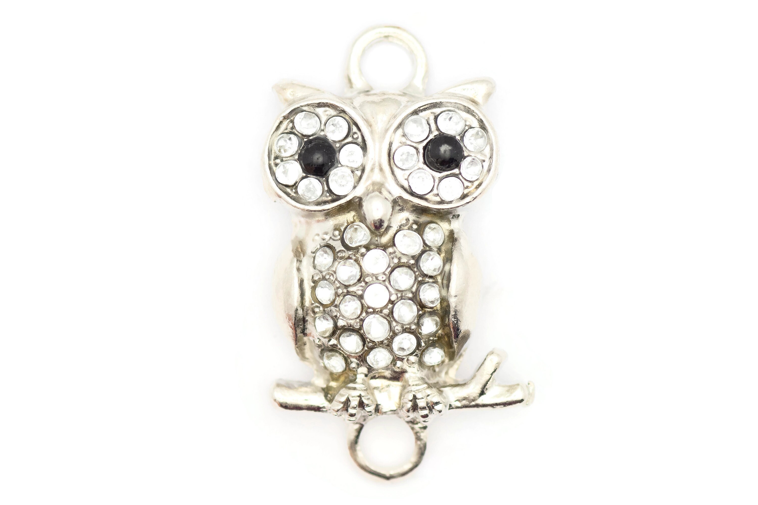 Rhinestone Owl, Silver Owl, Bird Lovers, Stretch Band Connector, Connector Charm, Connector Pendant,