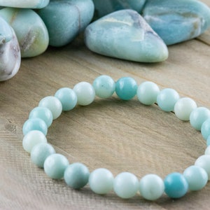 May include: A light blue gemstone bracelet made of round beads. The bracelet is on a light brown wooden surface. There are several loose light blue gemstones in the background.