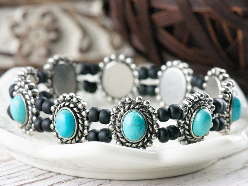 Turquoise Blue Howlite Oval Beaded Stretch Bracelet / Handmade Bracelet / Bohemian Jewelry image 2