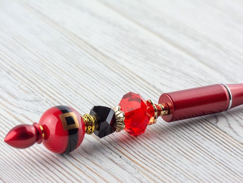 Kerstman kerstkralen metalen balpen met lampwork glaskralen • Zwarte inkt (extra vulling) afbeelding 4