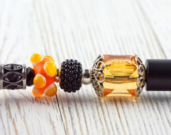 Orange and Black Beaded Metal Ballpoint Pen with Lampwork Glass Beads • Black Ink (Extra Refill)