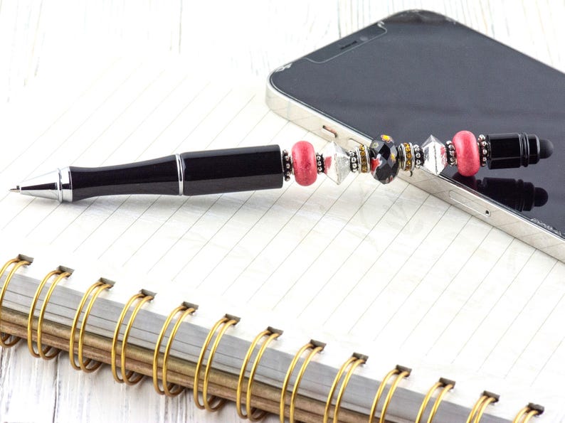Midnight Rose Beaded Black Stylus Pen • Lampwork Glass Beads • Metal Ballpoint image 2