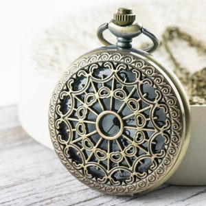 Spiderweb Bronze Pocket Watch Long Necklace / Unique Watches / Spider Jewelry / Large Pocket Watch