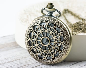 Spiderweb Bronze Pocket Watch Long Necklace / Unique Watches / Spider Jewelry / Large Pocket Watch