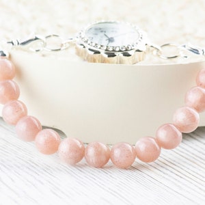 Pink Flake Moonstone Stretch Beaded Watch Band, Medical Alert Bracelet, Single Strand, Interchangeable, Handmade Jewelry 画像 4