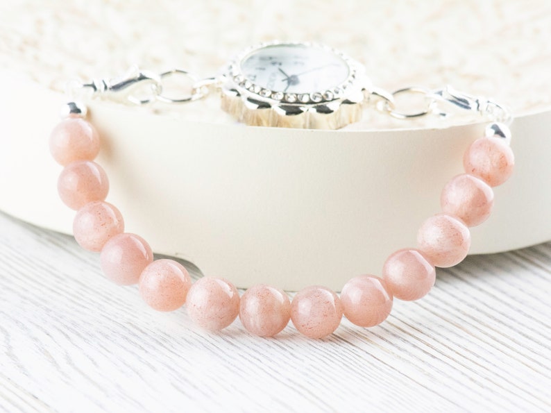 Pink Flake Moonstone Stretch Beaded Watch Band, Medical Alert Bracelet, Single Strand, Interchangeable, Handmade Jewelry 画像 4