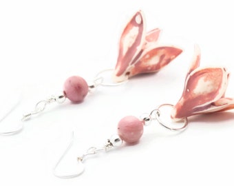 Flower Drop Earrings, Pink, Drop Earrings, Sterling Silver