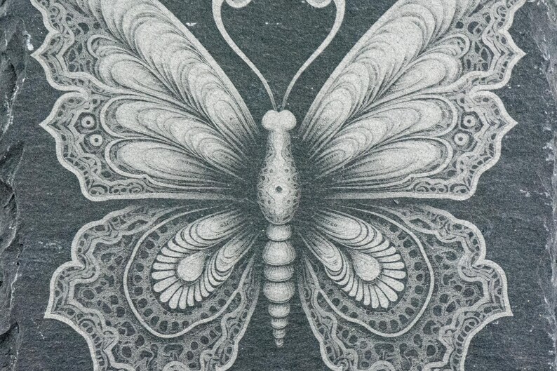 Puede incluir: Una ilustraci&oacute;n detallada en blanco y negro de una mariposa con intrincados patrones en sus alas. La mariposa est&aacute; centrada en un fondo gris oscuro.