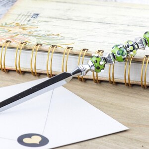 Green and Silver Glass Beaded Silver Letter Opener • Paper Knife • Desk Accessory image 2