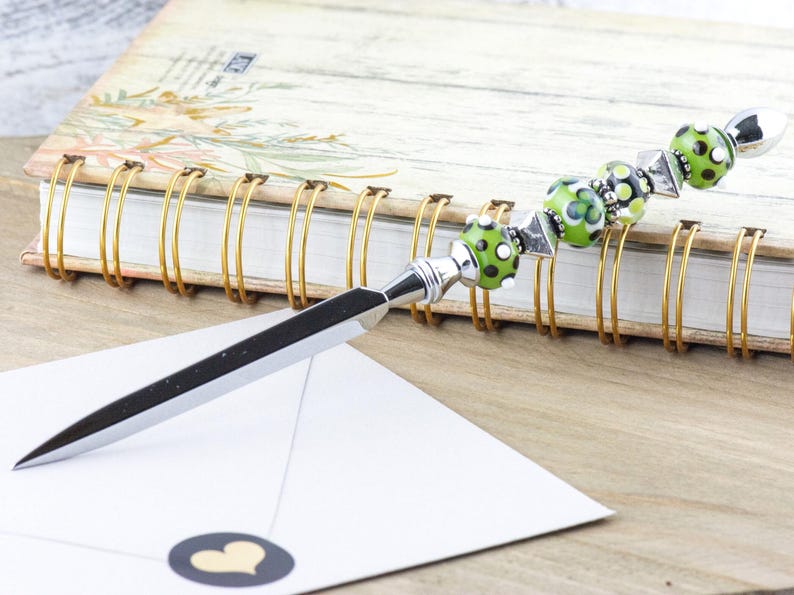 Green and Silver Glass Beaded Silver Letter Opener • Paper Knife • Desk Accessory image 2