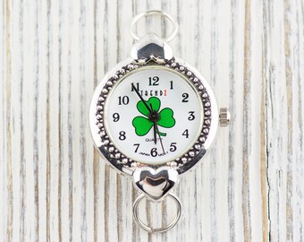 Green Shamrock White Dial Silvertone Round Watch Face with Hearts • DIY Beading Watch • Jewelry Making • Analog • Loops and Battery Included